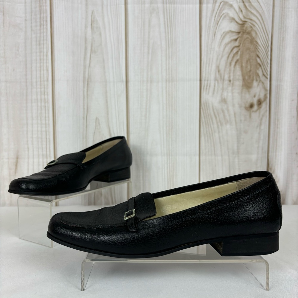 Vintage Talbot Loafers Pebbled Leather Low Block Heel Flats Shoes Black Size 9.5